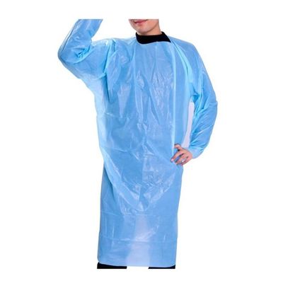O laboratório azul descartável protetor pessoal do CPE reveste vestidos com as luvas