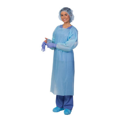 O CPE plástico azul do paciente dos únicos aventais cirúrgicos do uso veste-se com luvas longas